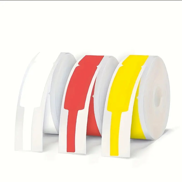Three rolls of tape with red, yellow, and white stripes on a white background