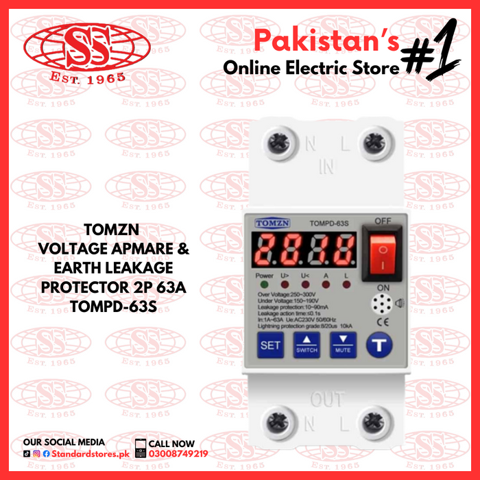 TOMZN Voltage Ampere & Earth Leakage Protector 2P 63A TOMPD-63S