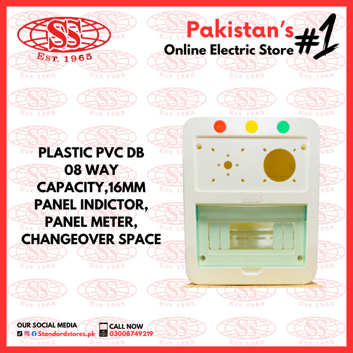 Plastic PVC DB 08 Way capacity, 16mm, panel indicator, panel meter with changeover space