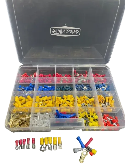 Assorted electrical connectors in a clear plastic box with a brand logo on a white background.