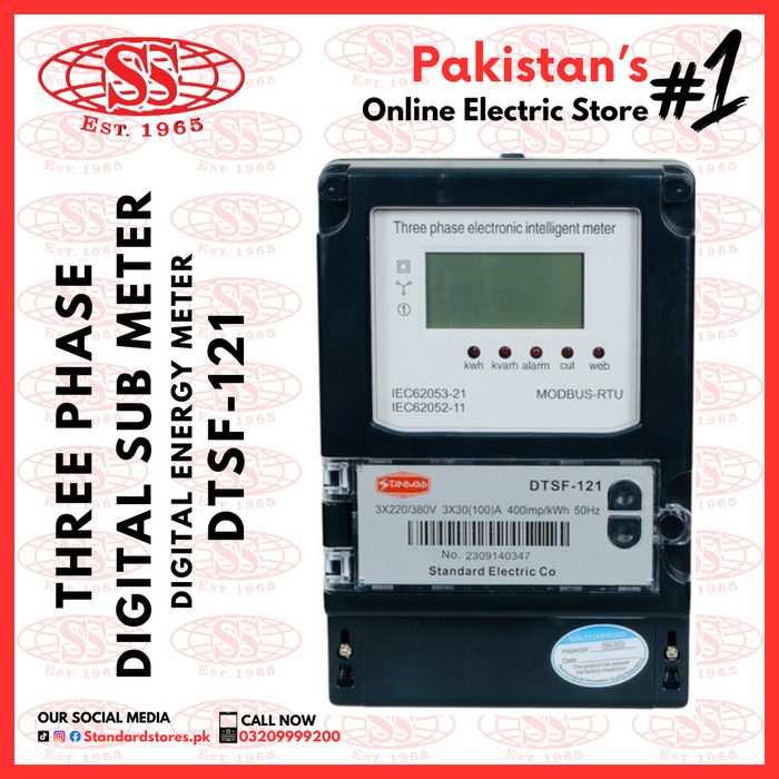 Three-phase digital energy meter with branding and text on a red and white background
