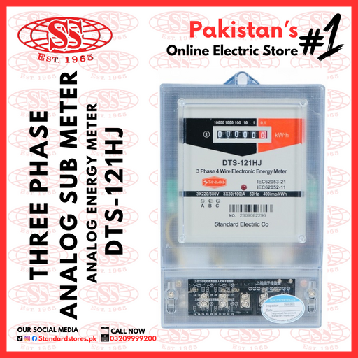 Three phase analog energy meter with branding and text on a red background