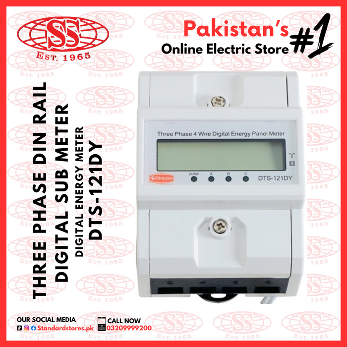 Digital energy meter with branding and text on a red background