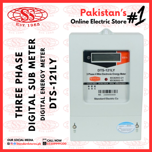 Three phase digital sub meter with branding and contact information on a red background