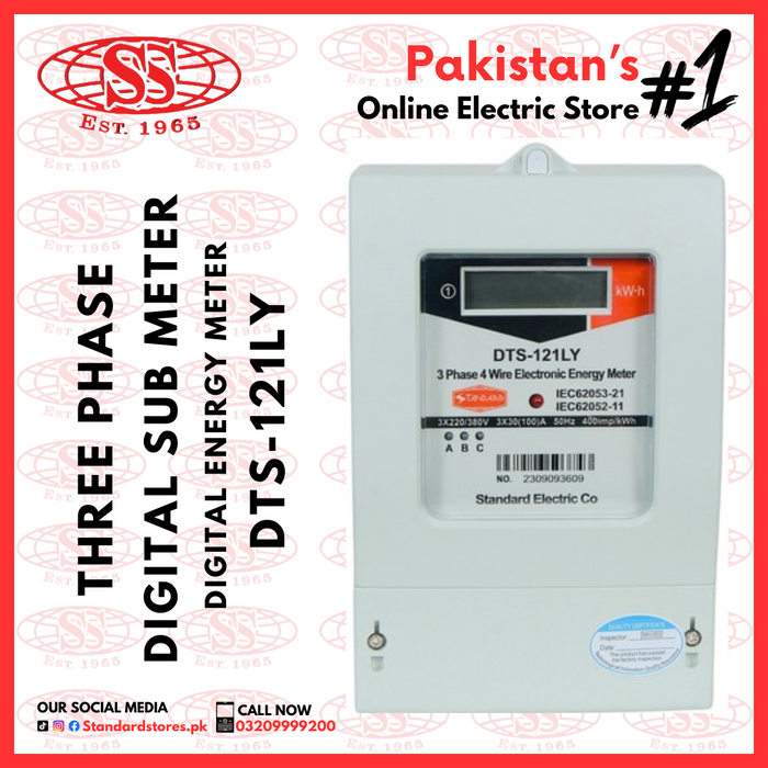 Three phase digital sub meter with branding and contact information on a red background