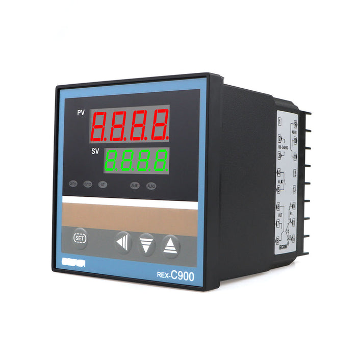 Digital control panel with LED display on a white background