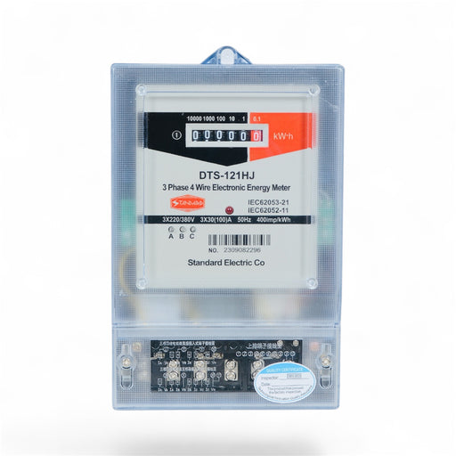 Electric energy meter with clear protective cover on a white background