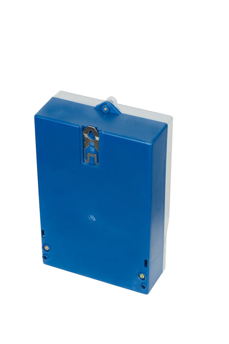 Blue rectangular object with a white top on a white background