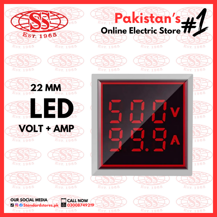 LED Indicator 2 IN 1 Square 22mm Amp/Volt