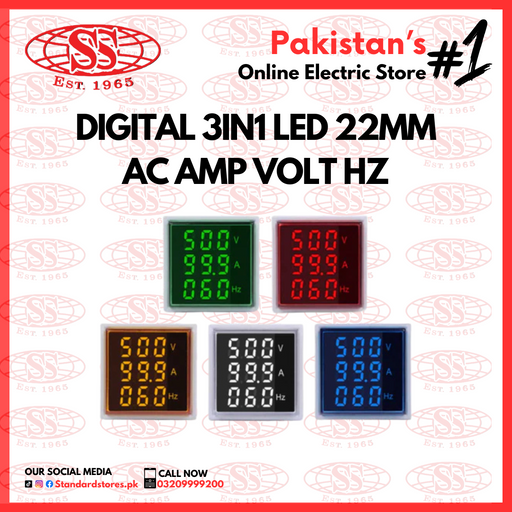 LED Indicator 3 IN 1 Square 22mm Amp/Volt/Hz, standard stores, standard electric co.