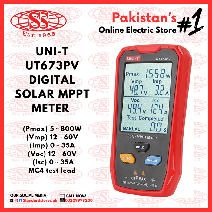 standard electric, standard stores, UT673PV solar MPPT meter tests solar panels for maximum power, peak power voltage and current, open circuit voltage, and short circuit current, identifying any abnormalities. It displays all measurements simultaneously on a large screen. Its portability improves efficiency for manufacturers, installers, and users of photovoltaic systems