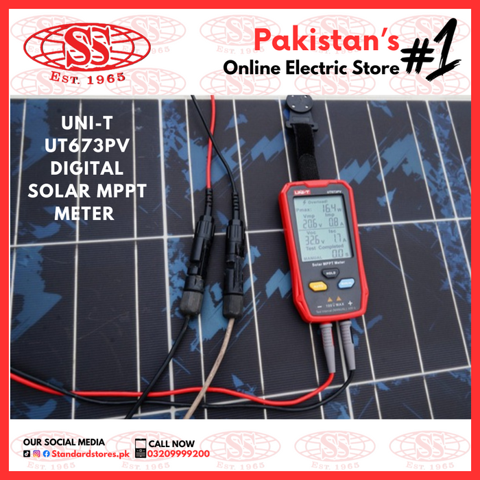 standard electric, standard stores, UT673PV solar MPPT meter tests solar panels for maximum power, peak power voltage and current, open circuit voltage, and short circuit current, identifying any abnormalities. It displays all measurements simultaneously on a large screen. Its portability improves efficiency for manufacturers, installers, and users of photovoltaic systems