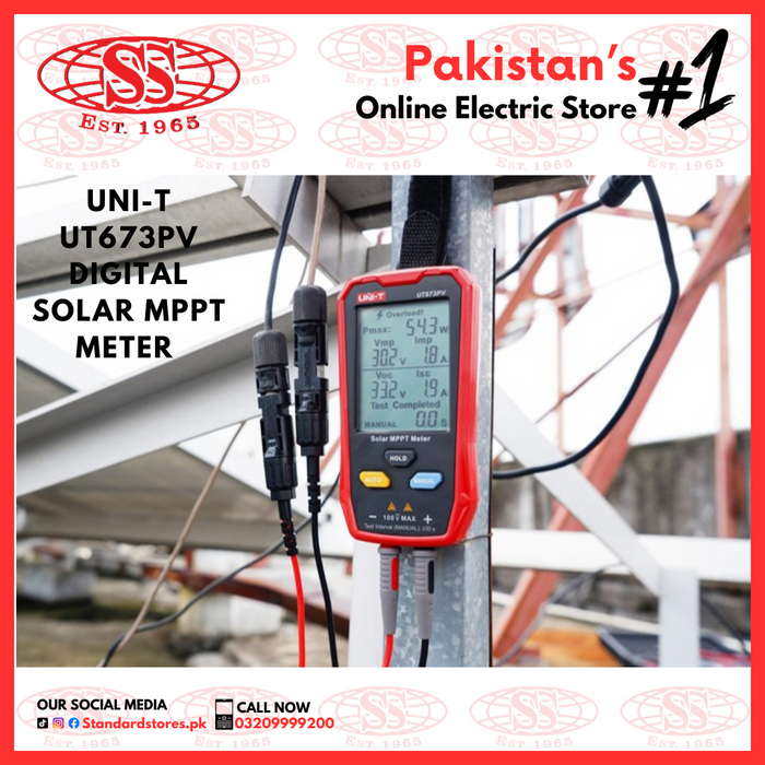 standard electric, standard stores, UT673PV solar MPPT meter tests solar panels for maximum power, peak power voltage and current, open circuit voltage, and short circuit current, identifying any abnormalities. It displays all measurements simultaneously on a large screen. Its portability improves efficiency for manufacturers, installers, and users of photovoltaic systems