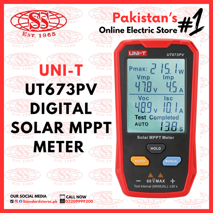  UT673PV solar MPPT meter tests solar panels for maximum power, peak power voltage and current, open circuit voltage, and short circuit current, identifying any abnormalities. It displays all measurements simultaneously on a large screen. Its portability improves efficiency for manufacturers, installers, and users of photovoltaic systems. standard electric