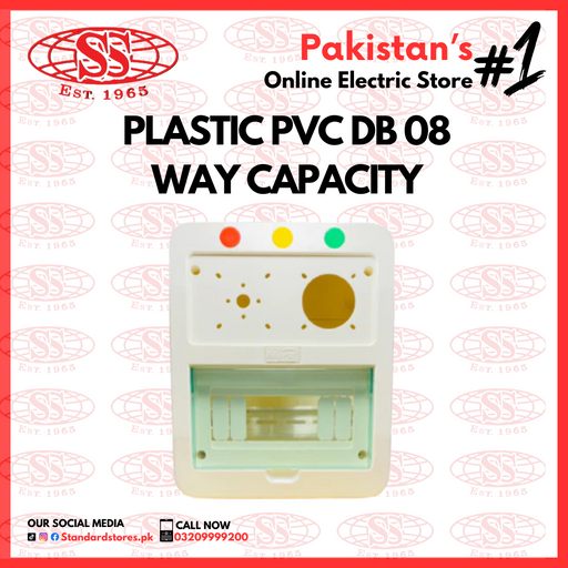 Plastic PVC DB 08 Way capacity, 16mm, panel indicator, panel meter with changeover space, standard stores, standard electric co.