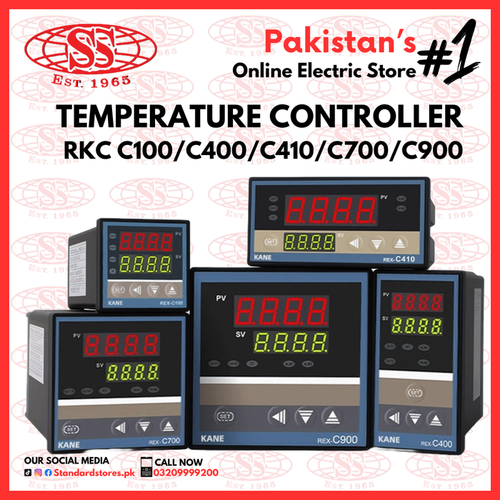 Temperature controllers with brand logo and text on a red background