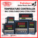 Temperature controllers with brand logo and text on a red background