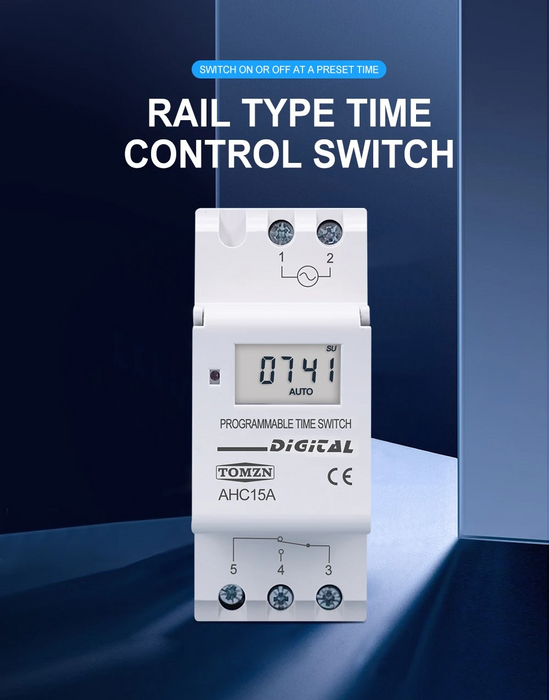Digital rail type time control switch on a blue gradient background