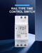 Digital rail type time control switch on a blue gradient background