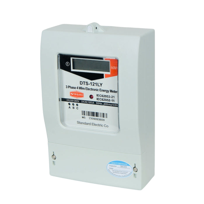 Electrical energy meter with model number DTS-121LY on a white background
