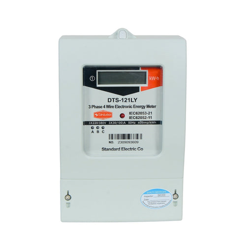 Electrical meter with label on a white background