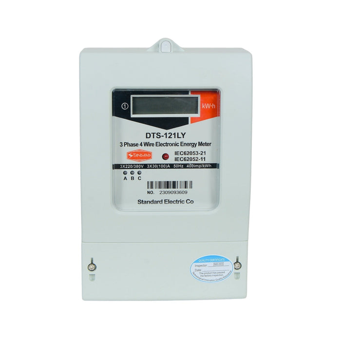 Electrical meter with label on a white background