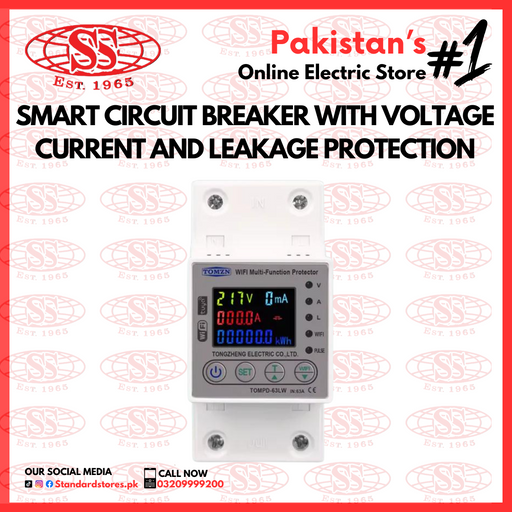 TOMZN All in 1 63A WIFI Smart Circuit Breaker with voltage current and leakage protection. Tomzn 10in1 Smart Protector, standard store, standard electric co.
