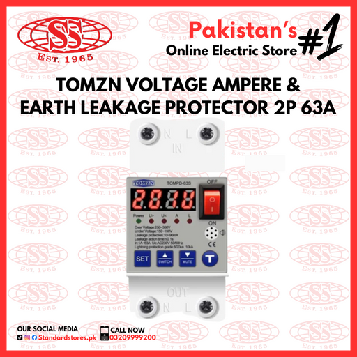 TOMZN Voltage Ampere & Earth Leakage Protector 2P 63A TOMPD-63S, standard stores, standard electric co.