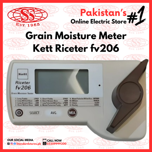 Kett Riceter fv206 grain moisture meter with branding and text on a red background